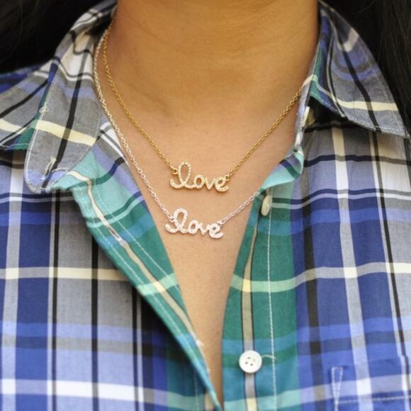 Silver Pave Love Necklace 18k gold plated script 16"-19" mini glass rhinestones - Picture 2 of 7